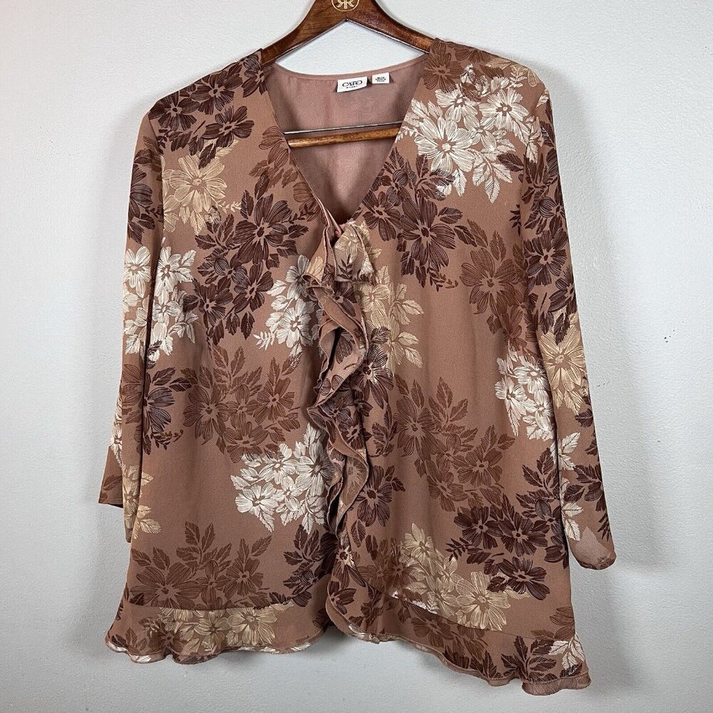 Cato Tunic Blouse Women’s Size 18/20 Brown Floral Long Sleeve Ruffle V-Neck Boho - Picture 5 of 13